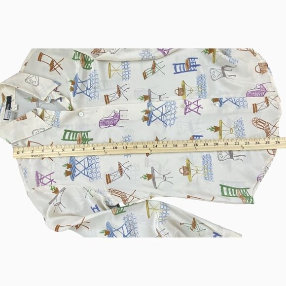 Ishyu Womens 8 Whimsical Silk Button-Down Shirt Colorful Chair Table Print VTG - Picture 8 of 15